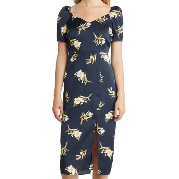 SAM EDELMAN 14 1x navy blue Tossed Floral Puff Sleeve Sheath Midi Dress NWT B103 - Picture 1 of 9
